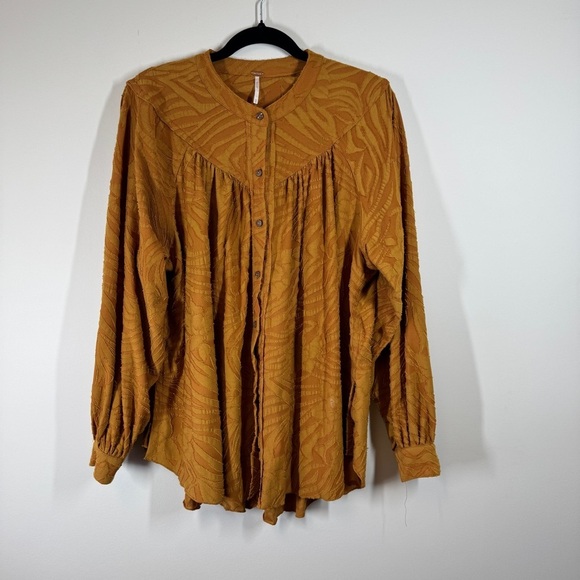 Free People Mustard Gold Textured Boho Button Down Tunic Top Oversized XS - Picture 6 of 14